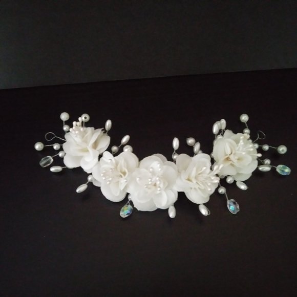 Flower and Crystal Pearl Bridal Crown / Floral Wedding Hair main image 14